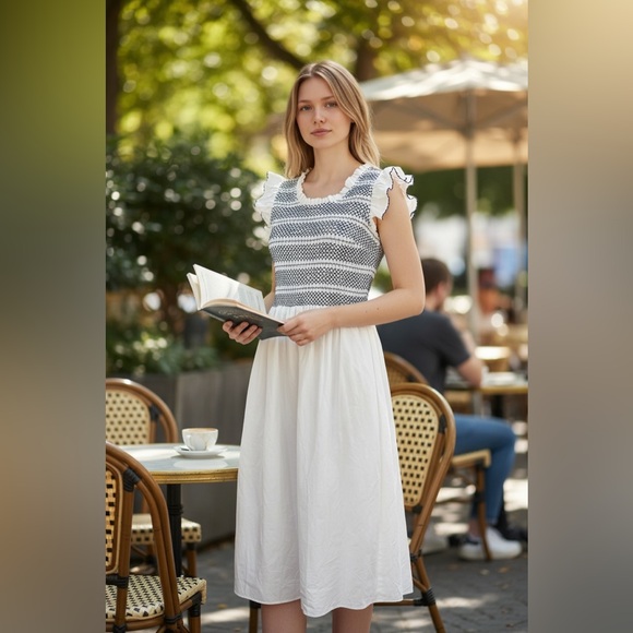 English Factory Dresses & Skirts - NWT English Factory's signature mixed-media knit combo aesthetic, White/Navy M